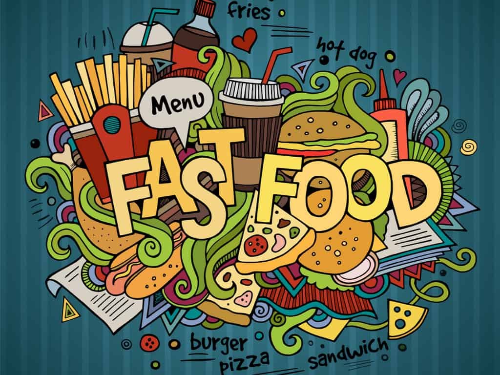 Fast food hand lettering and doodles elements background